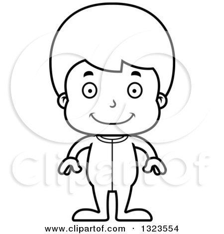Lineart Clipart of a Cartoon Black and White Happy Boy in Pajamas - Royalty Free Outline Vector Illustration by Cory Thoman