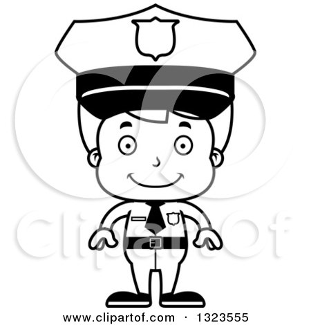 Lineart Clipart of a Cartoon Black and White Happy Boy Police Officer - Royalty Free Outline Vector Illustration by Cory Thoman