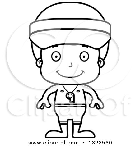 Lineart Clipart of a Cartoon Black and White Happy Boy Lifeguard - Royalty Free Outline Vector Illustration by Cory Thoman