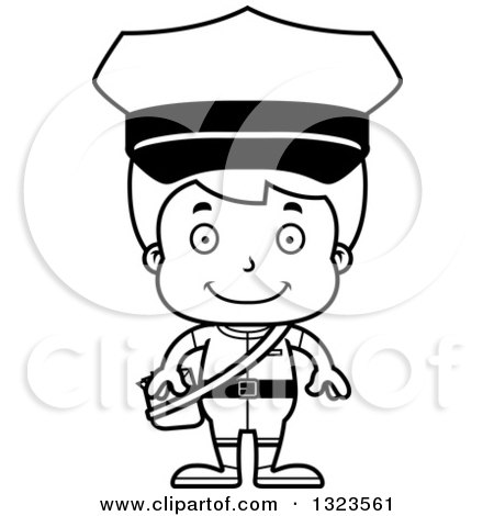 Lineart Clipart of a Cartoon Black and White Happy Boy Mailman - Royalty Free Outline Vector Illustration by Cory Thoman