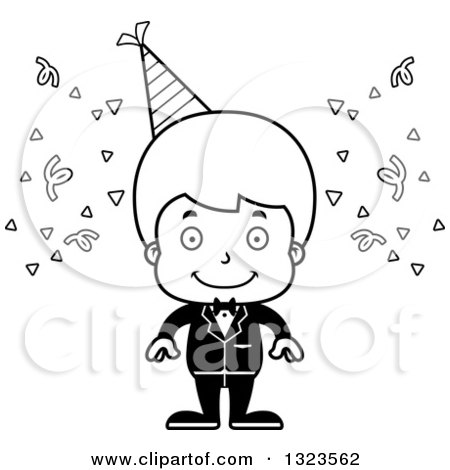 Lineart Clipart of a Cartoon Black and White Happy Party Boy - Royalty Free Outline Vector Illustration by Cory Thoman