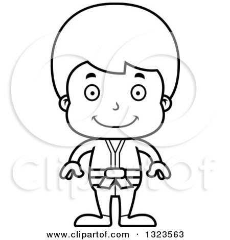 Lineart Clipart of a Cartoon Black and White Happy Karate Boy - Royalty Free Outline Vector Illustration by Cory Thoman