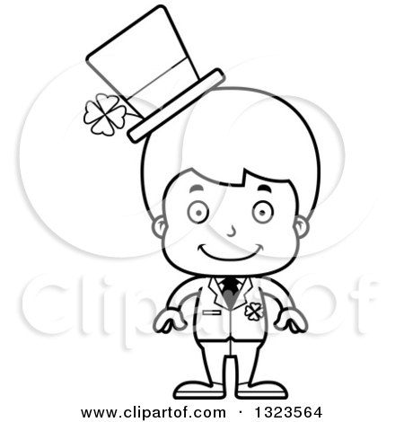 Lineart Clipart of a Cartoon Black and White Happy Irish St Patricks Day Boy - Royalty Free Outline Vector Illustration by Cory Thoman