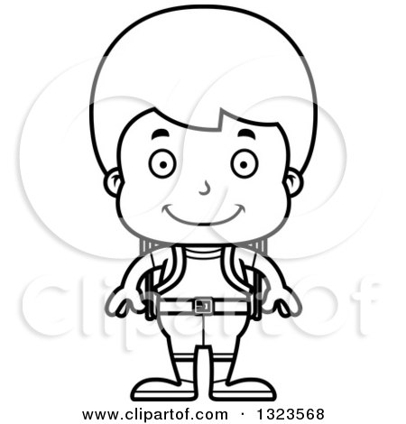 Lineart Clipart of a Cartoon Black and White Happy Boy Hiker - Royalty Free Outline Vector Illustration by Cory Thoman