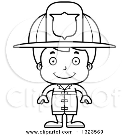 Lineart Clipart of a Cartoon Black and White Happy Boy Firefighter - Royalty Free Outline Vector Illustration by Cory Thoman