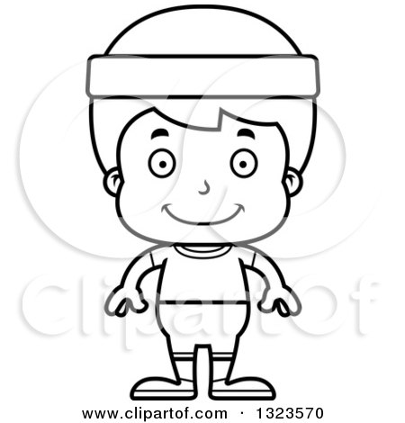 Lineart Clipart of a Cartoon Black and White Happy Fitness Boy - Royalty Free Outline Vector Illustration by Cory Thoman