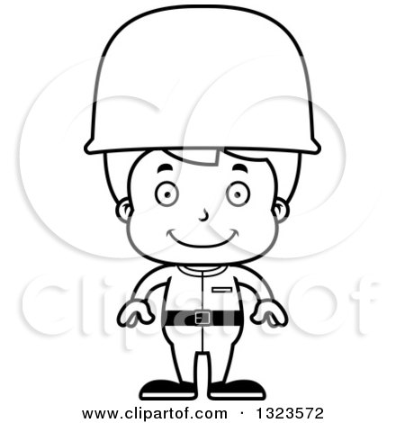 Lineart Clipart of a Cartoon Black and White Happy Boy Soldier - Royalty Free Outline Vector Illustration by Cory Thoman