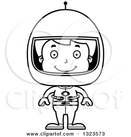 Lineart Clipart of a Cartoon Black and White Happy Boy Astronaut - Royalty Free Outline Vector Illustration by Cory Thoman