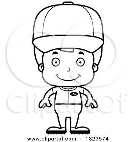 Lineart Clipart of a Cartoon Black and White Happy Boy Baseball Player - Royalty Free Outline Vector Illustration by Cory Thoman