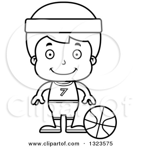 Lineart Clipart of a Cartoon Black and White Happy Boy Basketball Player - Royalty Free Outline Vector Illustration by Cory Thoman
