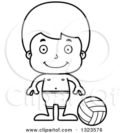 Lineart Clipart of a Cartoon Black and White Happy Boy Beach Volleyball Player - Royalty Free Outline Vector Illustration by Cory Thoman
