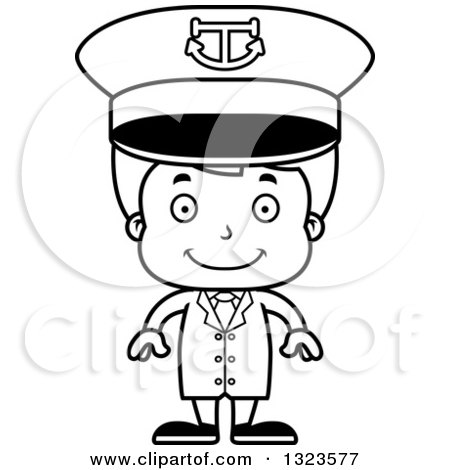 Lineart Clipart of a Cartoon Black and White Happy Boy Captain - Royalty Free Outline Vector Illustration by Cory Thoman