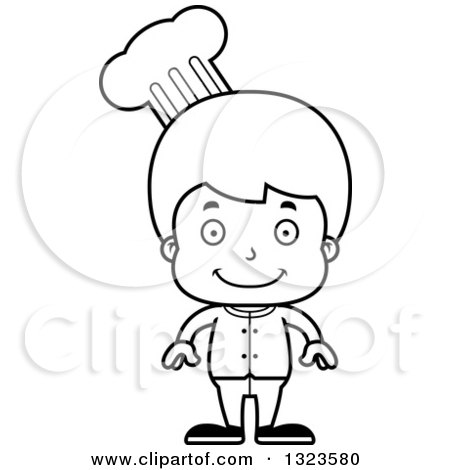 Lineart Clipart of a Cartoon Black and White Happy Boy Chef - Royalty Free Outline Vector Illustration by Cory Thoman