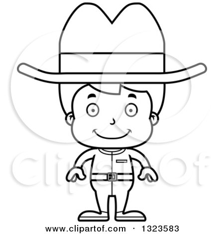 Lineart Clipart of a Cartoon Black and White Happy Boy Cowboy - Royalty Free Outline Vector Illustration by Cory Thoman