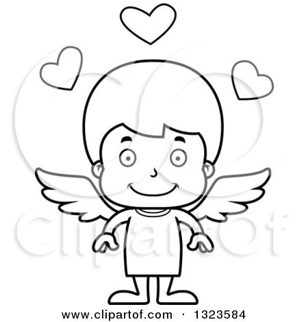 Lineart Clipart of a Cartoon Black and White Happy Boy Cupid - Royalty Free Outline Vector Illustration by Cory Thoman