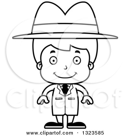 Lineart Clipart of a Cartoon Black and White Happy Boy Detective - Royalty Free Outline Vector Illustration by Cory Thoman
