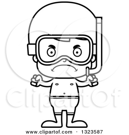 Lineart Clipart of a Cartoon Black and White Mad Boy in Snorkel Gear - Royalty Free Outline Vector Illustration by Cory Thoman