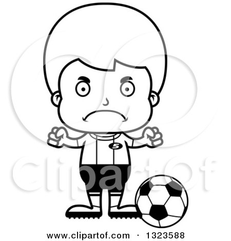 Lineart Clipart of a Cartoon Black and White Mad Boy Soccer Player - Royalty Free Outline Vector Illustration by Cory Thoman