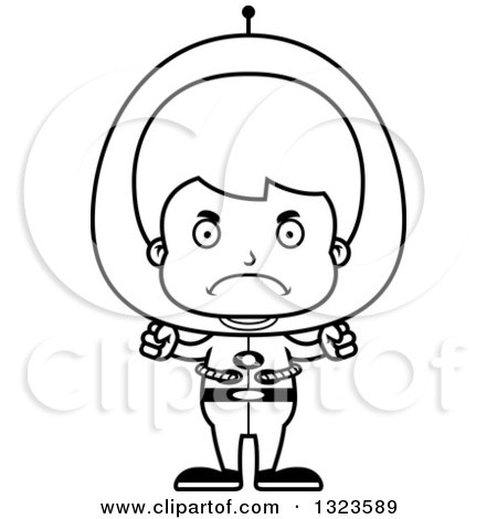 Lineart Clipart of a Cartoon Black and White Mad Futuristic Space Boy - Royalty Free Outline Vector Illustration by Cory Thoman