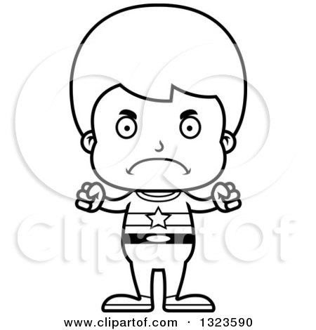 Lineart Clipart of a Cartoon Black and White Mad Boy Super Hero - Royalty Free Outline Vector Illustration by Cory Thoman