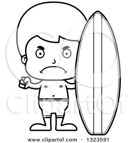 Lineart Clipart of a Cartoon Black and White Mad Surfer Boy - Royalty Free Outline Vector Illustration by Cory Thoman