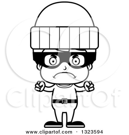 Lineart Clipart of a Cartoon Black and White Mad Boy Robber - Royalty Free Outline Vector Illustration by Cory Thoman
