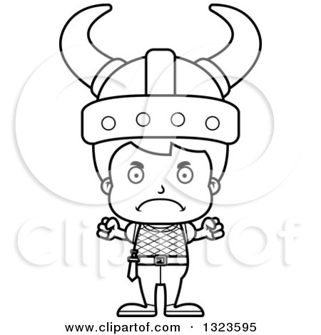 Lineart Clipart of a Cartoon Black and White Mad Boy Viking - Royalty Free Outline Vector Illustration by Cory Thoman