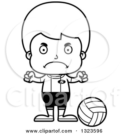 Lineart Clipart of a Cartoon Black and White Mad Boy Volleyball Player - Royalty Free Outline Vector Illustration by Cory Thoman