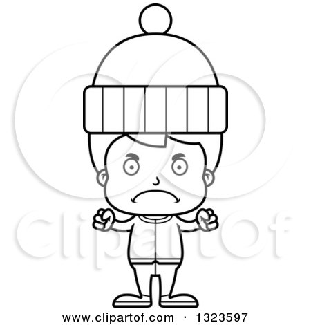 Lineart Clipart of a Cartoon Black and White Mad Boy in Winter Clothes - Royalty Free Outline Vector Illustration by Cory Thoman