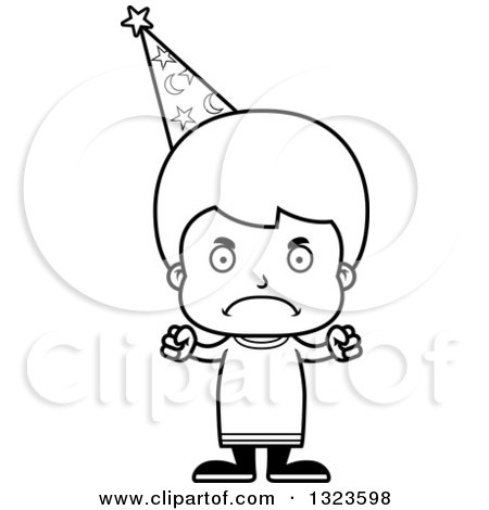 Lineart Clipart of a Cartoon Black and White Mad Boy Wizard - Royalty Free Outline Vector Illustration by Cory Thoman