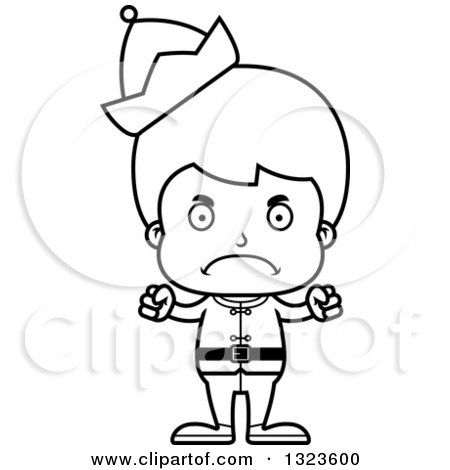 Lineart Clipart of a Cartoon Black and White Mad Christmas Elf Boy - Royalty Free Outline Vector Illustration by Cory Thoman