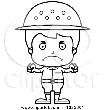 Lineart Clipart of a Cartoon Black and White Mad Boy Zookeeper - Royalty Free Outline Vector Illustration by Cory Thoman