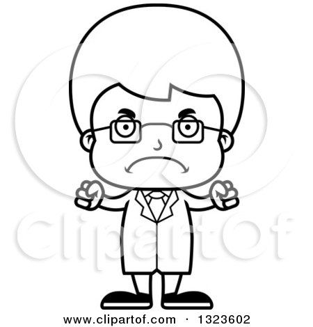 Lineart Clipart of a Cartoon Black and White Mad Boy Scientist - Royalty Free Outline Vector Illustration by Cory Thoman