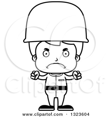 Lineart Clipart of a Cartoon Black and White Mad Boy Soldier - Royalty Free Outline Vector Illustration by Cory Thoman