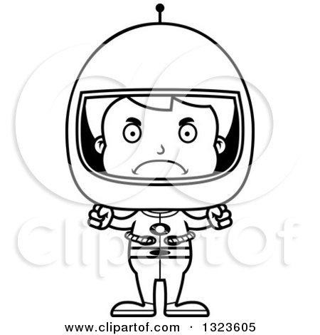 Lineart Clipart of a Cartoon Black and White Mad Boy Astronaut - Royalty Free Outline Vector Illustration by Cory Thoman