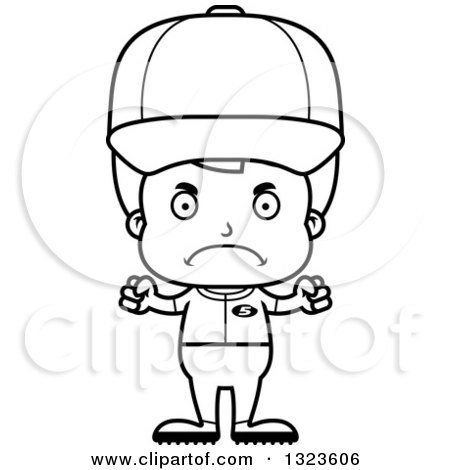 Lineart Clipart of a Cartoon Black and White Mad Boy Baseball Player - Royalty Free Outline Vector Illustration by Cory Thoman