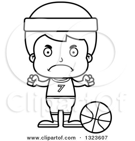 Lineart Clipart of a Cartoon Black and White Mad Boy Basketball Player - Royalty Free Outline Vector Illustration by Cory Thoman