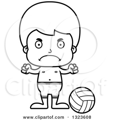 Lineart Clipart of a Cartoon Black and White Mad Boy Beach Volleyball Player - Royalty Free Outline Vector Illustration by Cory Thoman