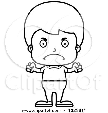 Lineart Clipart of a Cartoon Black and White Mad Casual Boy - Royalty Free Outline Vector Illustration by Cory Thoman