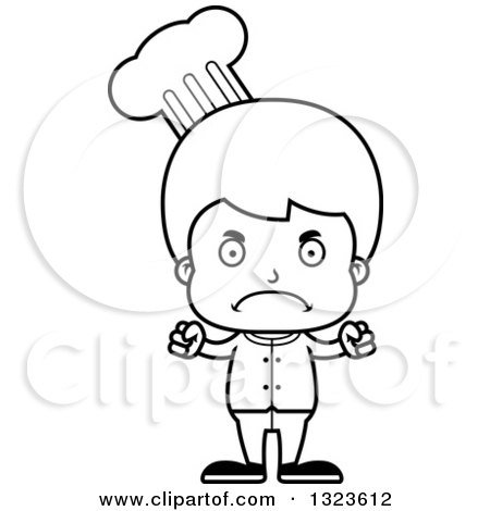 Lineart Clipart of a Cartoon Black and White Mad Boy Chef - Royalty Free Outline Vector Illustration by Cory Thoman
