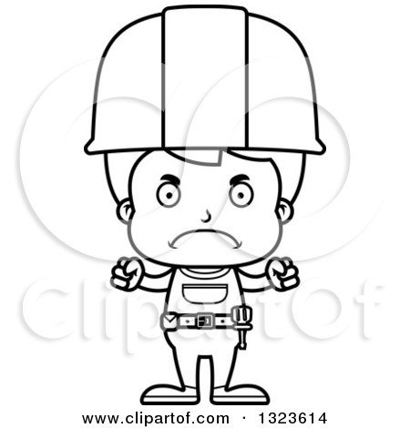 Lineart Clipart of a Cartoon Black and White Mad Boy Construction Worker - Royalty Free Outline Vector Illustration by Cory Thoman