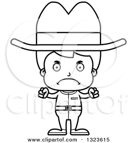 Lineart Clipart of a Cartoon Black and White Mad Boy Cowboy - Royalty Free Outline Vector Illustration by Cory Thoman