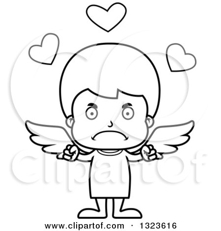 Lineart Clipart of a Cartoon Black and White Mad Boy Cupid - Royalty Free Outline Vector Illustration by Cory Thoman