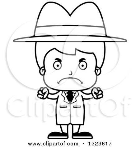 Lineart Clipart of a Cartoon Black and White Mad Boy Detective - Royalty Free Outline Vector Illustration by Cory Thoman