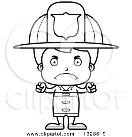 Lineart Clipart of a Cartoon Black and White Mad Boy Firefighter - Royalty Free Outline Vector Illustration by Cory Thoman
