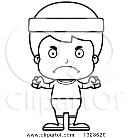 Lineart Clipart of a Cartoon Black and White Mad Fitness Boy - Royalty Free Outline Vector Illustration by Cory Thoman