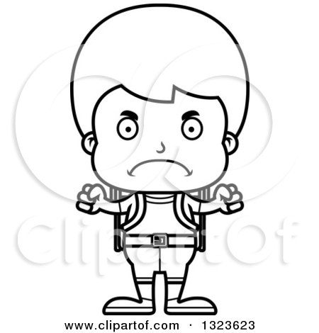 Lineart Clipart of a Cartoon Black and White Mad Boy Hiker - Royalty Free Outline Vector Illustration by Cory Thoman