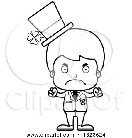 Lineart Clipart of a Cartoon Black and White Mad Irish St Patricks Day Boy - Royalty Free Outline Vector Illustration by Cory Thoman