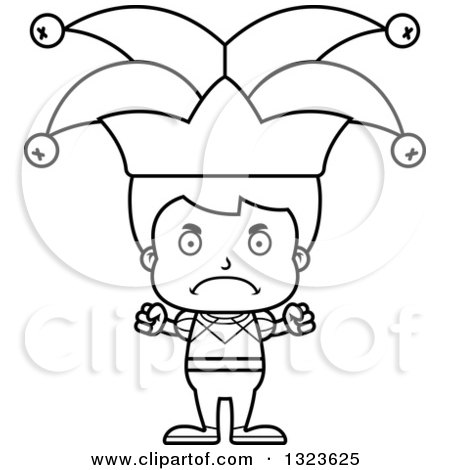 Lineart Clipart of a Cartoon Black and White Mad Boy Jester - Royalty Free Outline Vector Illustration by Cory Thoman