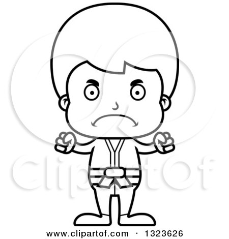 Lineart Clipart of a Cartoon Black and White Mad Karate Boy - Royalty Free Outline Vector Illustration by Cory Thoman